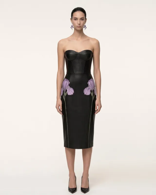 Iris Floral-Print Strapless Corset Leather Midi Dress - Black made by JW PEI