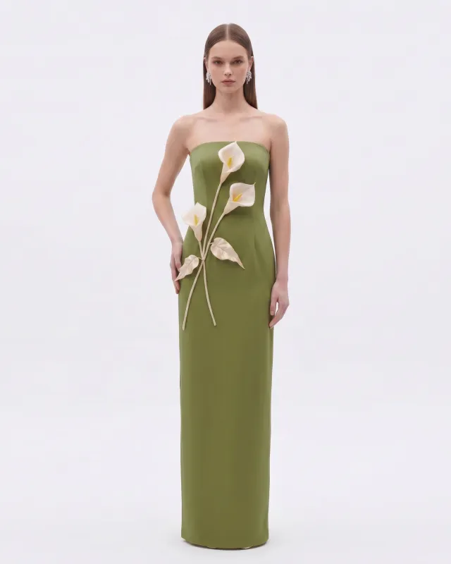 Floral Appliqué Strapless Dress - Olive Green made by JW PEI