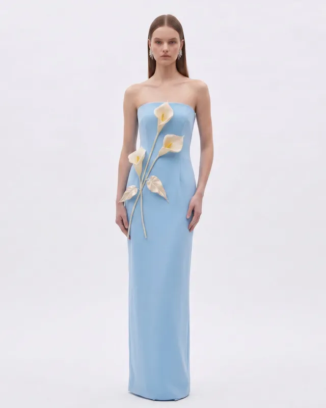 Floral Appliqué Strapless Dress - Light Blue made by JW PEI