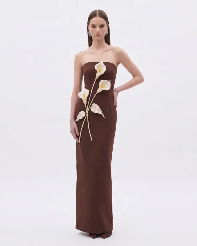 Floral Appliqué Strapless Dress - Chocolate Brown made by JW PEI