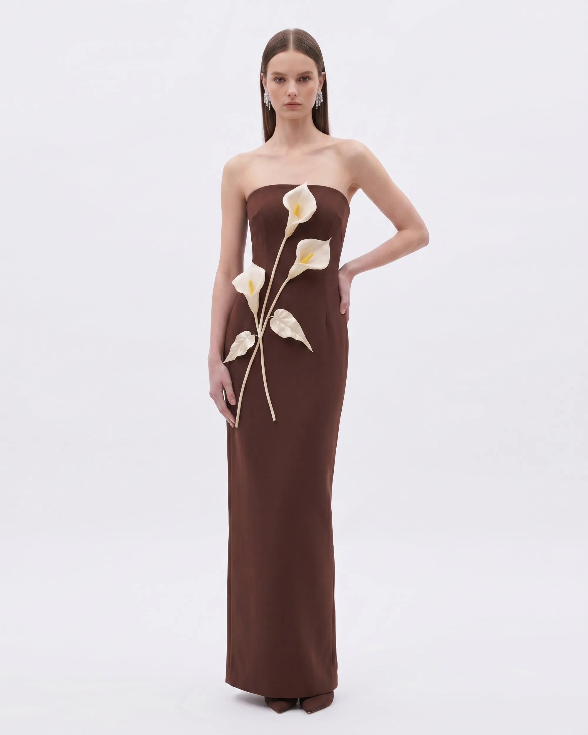 Floral Appliqué Strapless Dress - Chocolate Brown sold by JW PEI