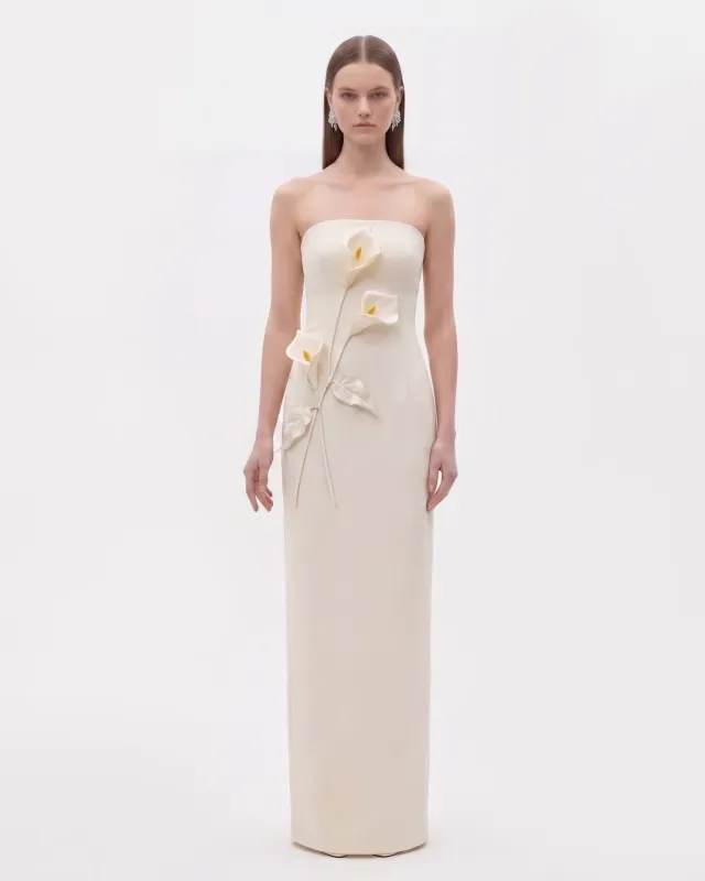 Floral Appliqué Strapless Dress - Cream Ivory made by JW PEI