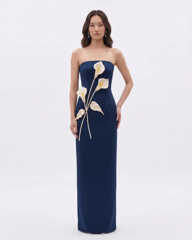 Floral Appliqué Strapless Dress - Navy Blue made by JW PEI
