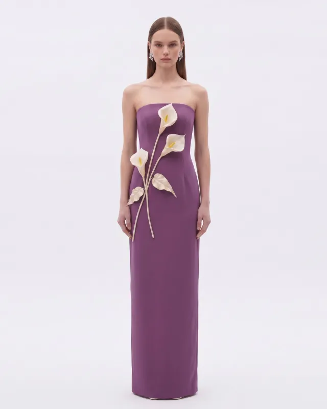 Floral Appliqué Strapless Dress - Plum made by JW PEI