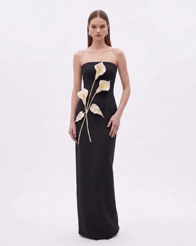 Floral Appliqué Strapless Dress - Black made by JW PEI