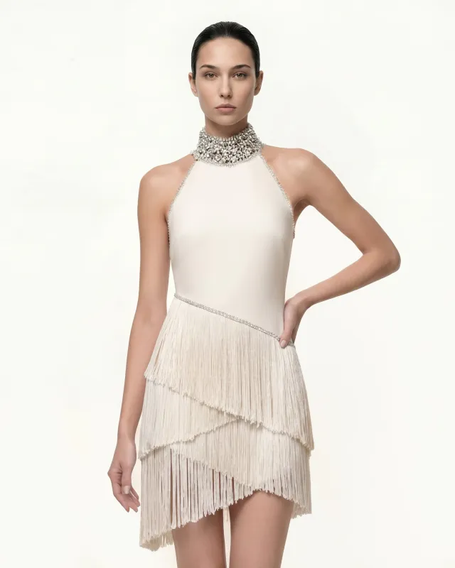 Jeweled Halter Fringe Mini Dress - Ivory made by JW PEI