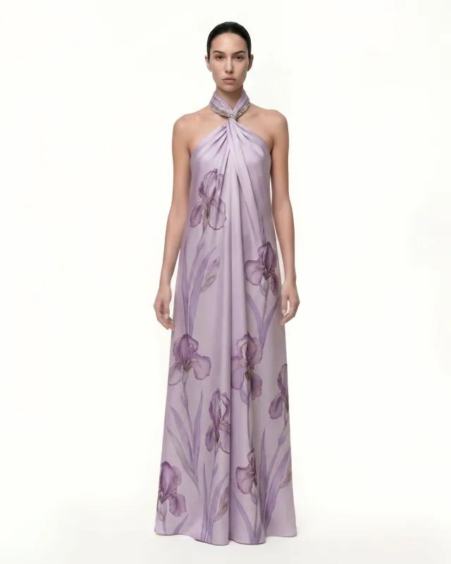 Jeweled Halter Iris Print Maxi Dress - Lavender made by JW PEI