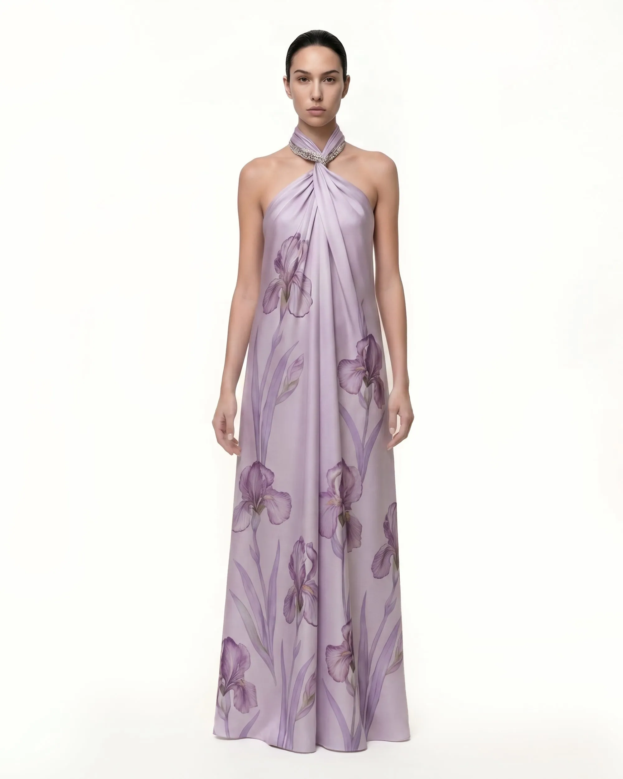 Jeweled Halter Iris Print Maxi Dress - Lavender sold by JW PEI