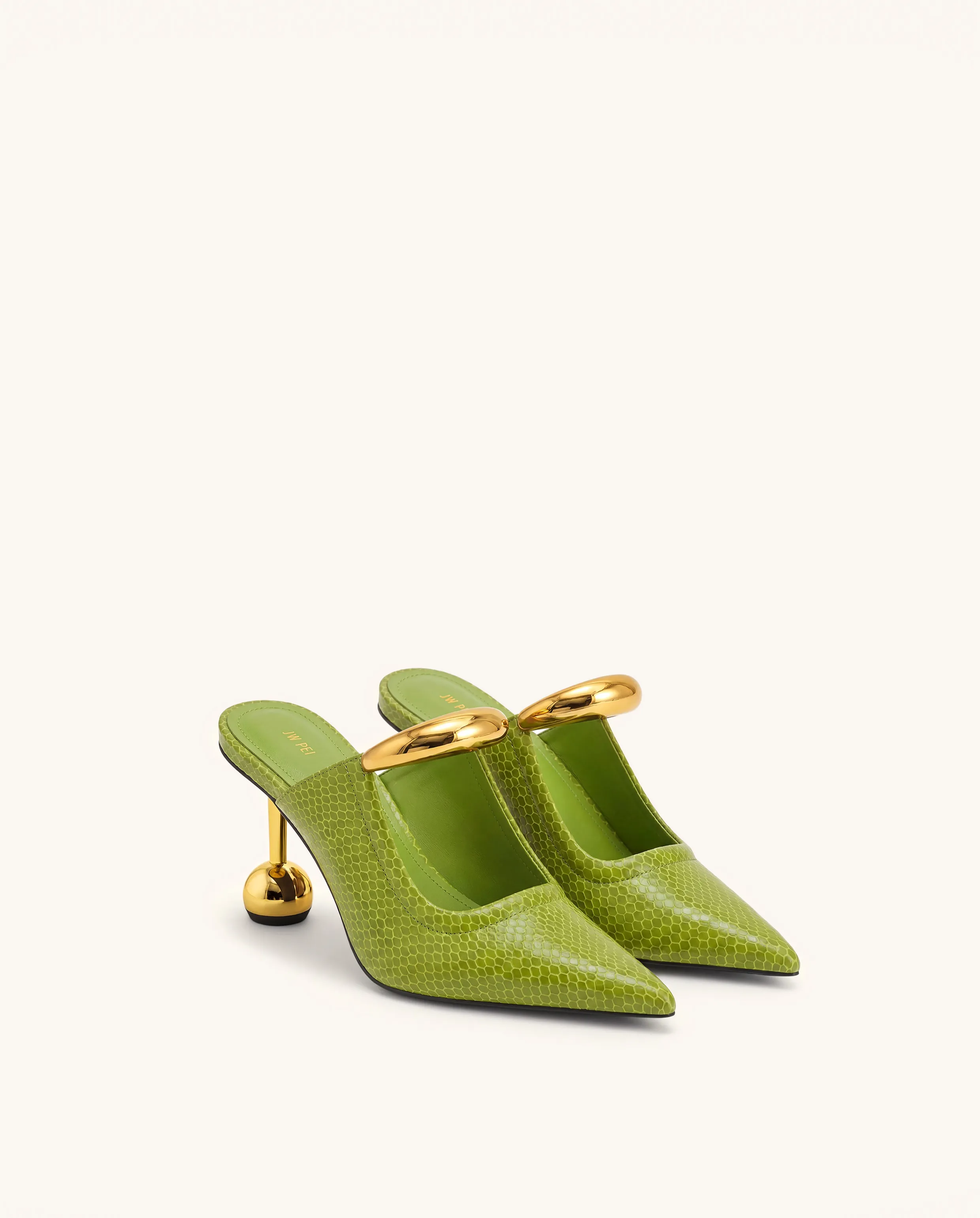 Sofia Metal Accent Sphere Heel Mules - Green sold by JW PEI
