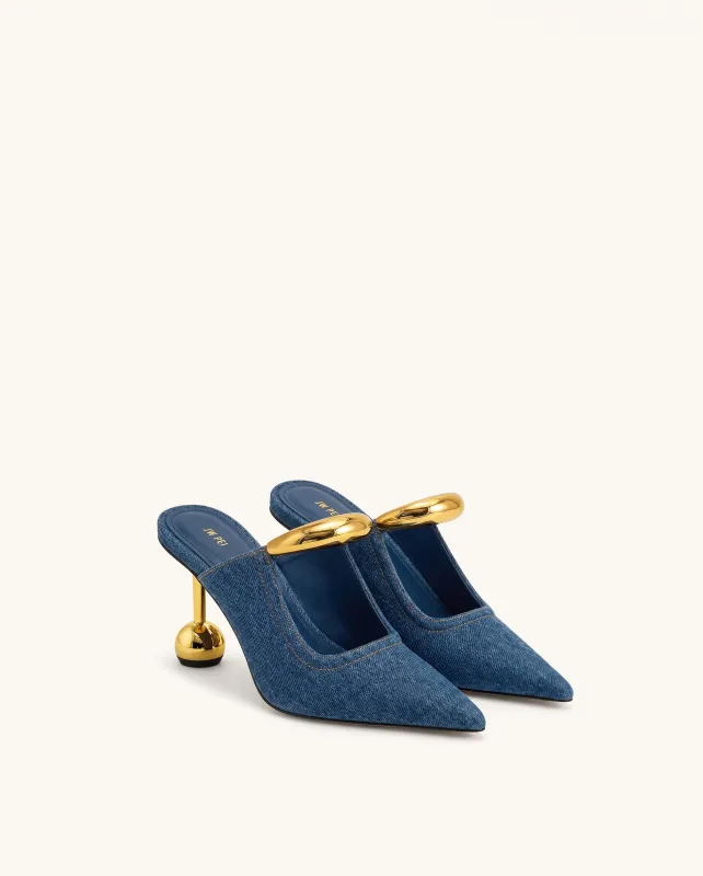 Sofia Metal Accent Sphere Heel Mules - Denim Blue made by JW PEI