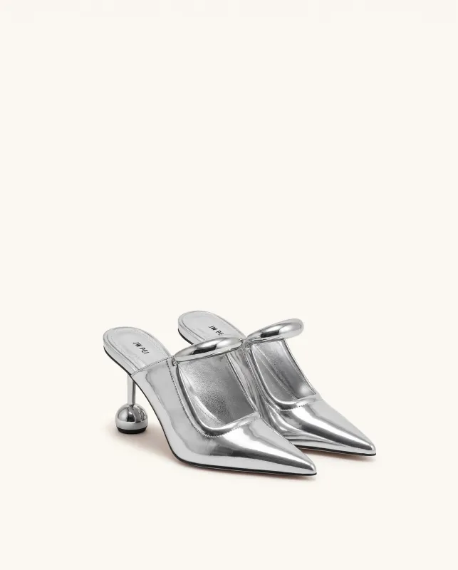 Sofia Metal Accent Sphere Heel Mirror Leather Mules - Silver made by JW PEI