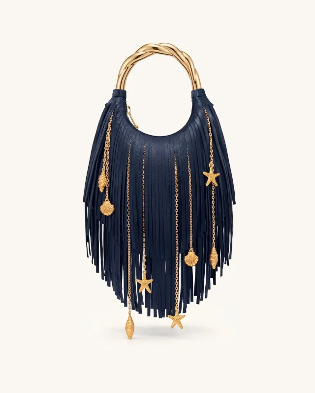 Chloe Metal Handle Fringe Top Handbag - Navy Blue made by JW PEI