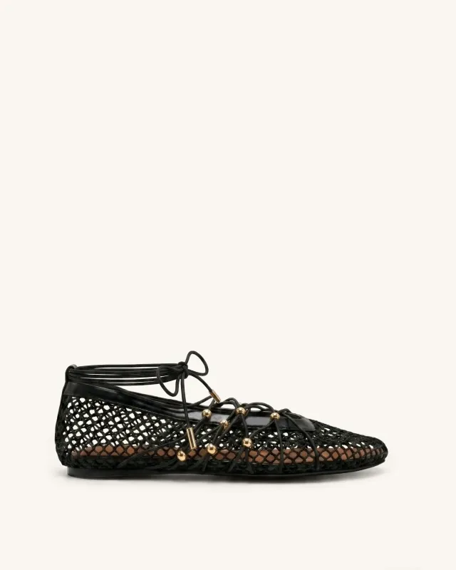 Aurelia Mesh Lace-Up Ballet Flats - Black made by JW PEI