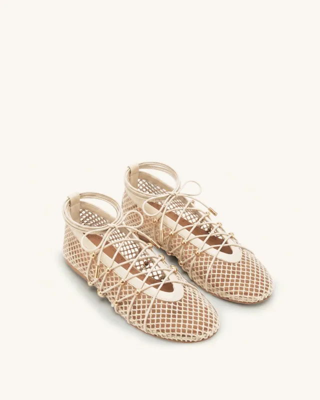 Aurelia Mesh Lace-Up Ballet Flats - Beige made by JW PEI