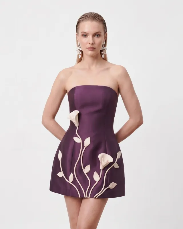 3D Vine Floral Strapless Mini Dress - Plum made by JW PEI
