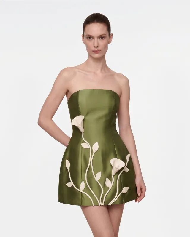 3D Vine Floral Strapless Mini Dress - Olive Green made by JW PEI