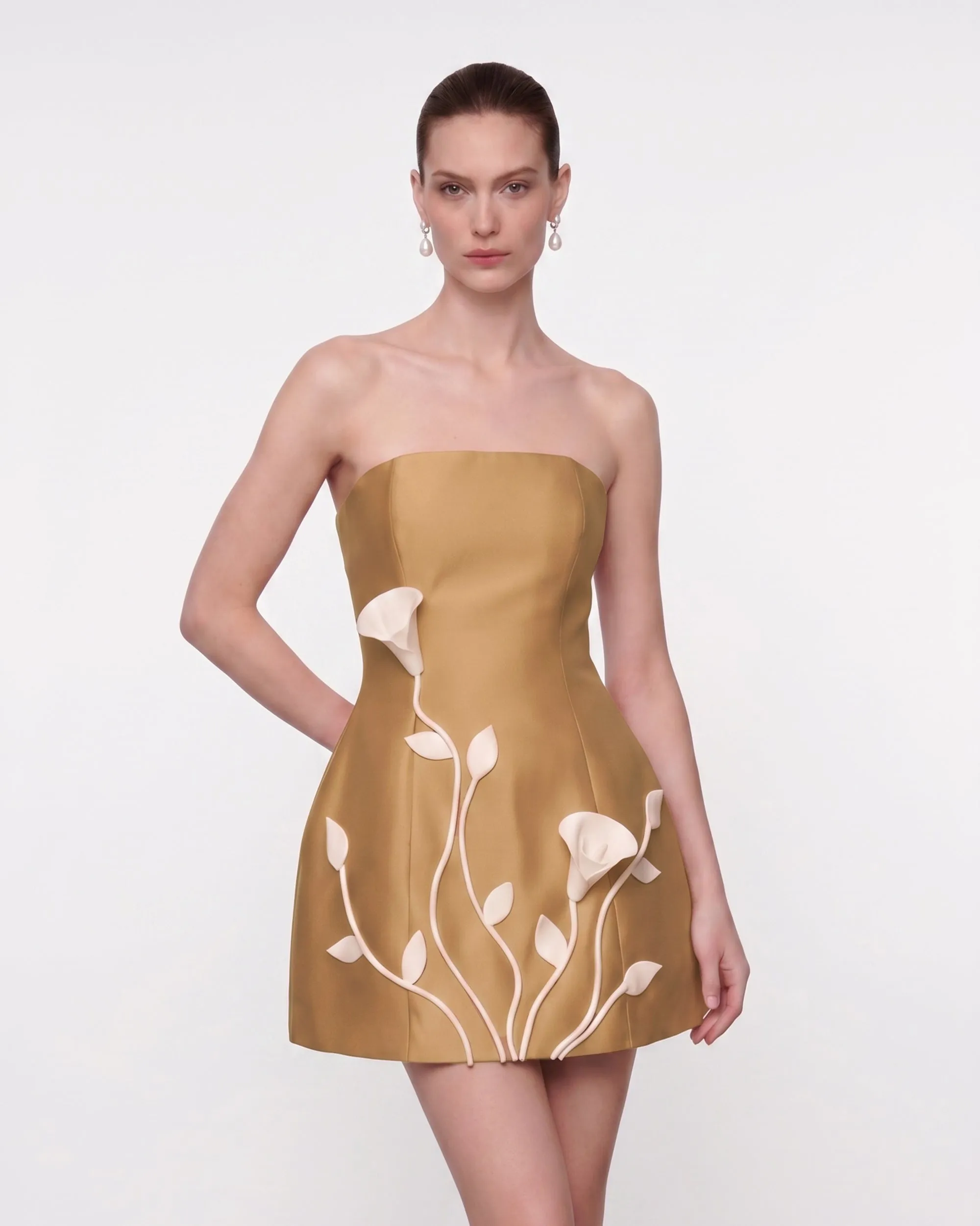 3D Vine Floral Strapless Mini Dress - Ocher Gold sold by JW PEI
