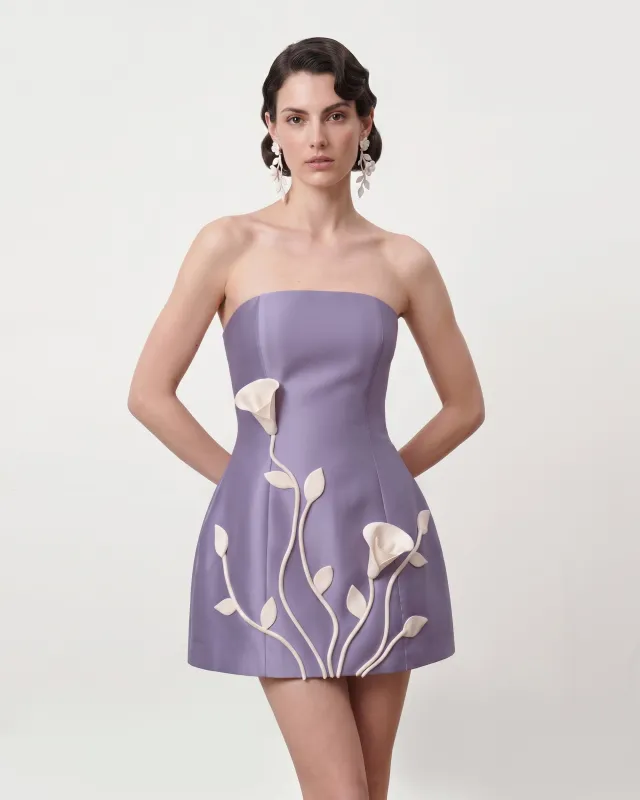3D Vine Floral Strapless Mini Dress - Purple made by JW PEI