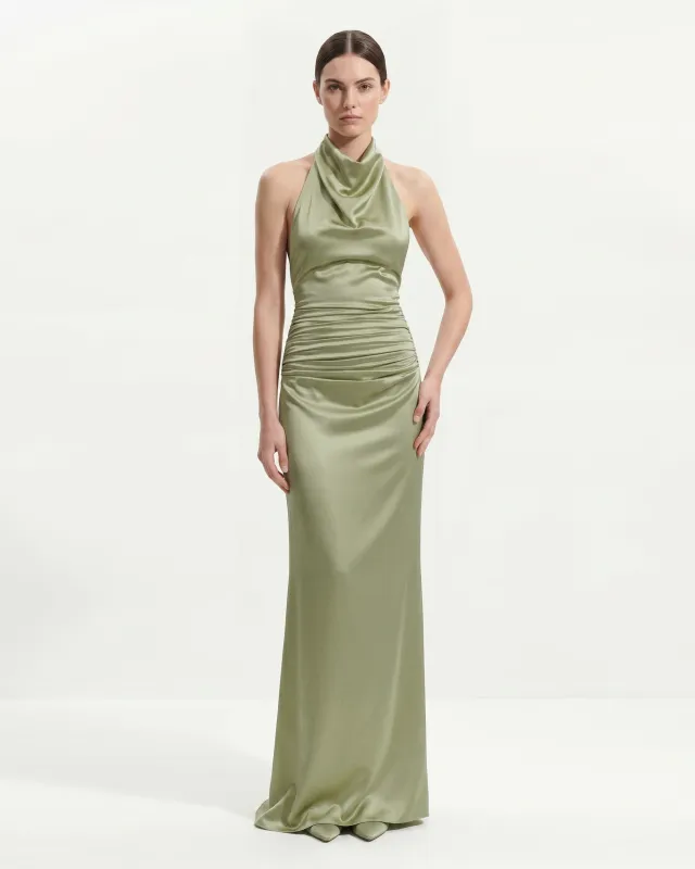 Satin Cowl Neck Ruched Maxi Gown - Sage Green made by JW PEI