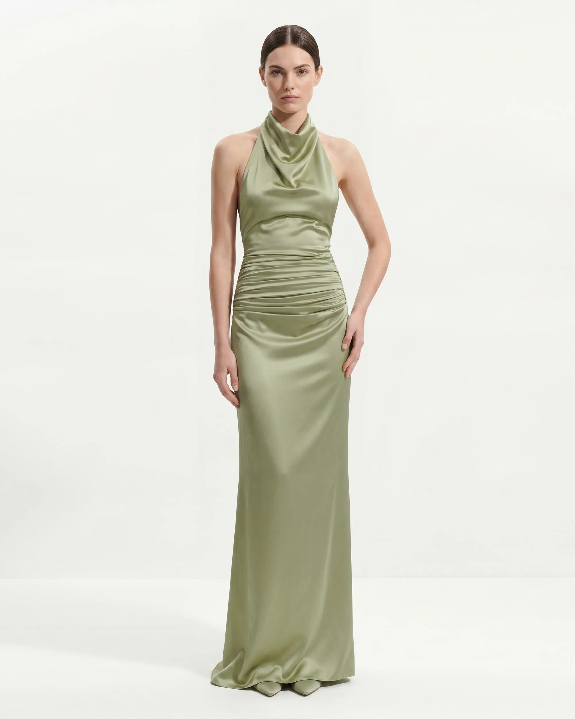 Satin Cowl Neck Ruched Maxi Gown - Sage Green sold by JW PEI