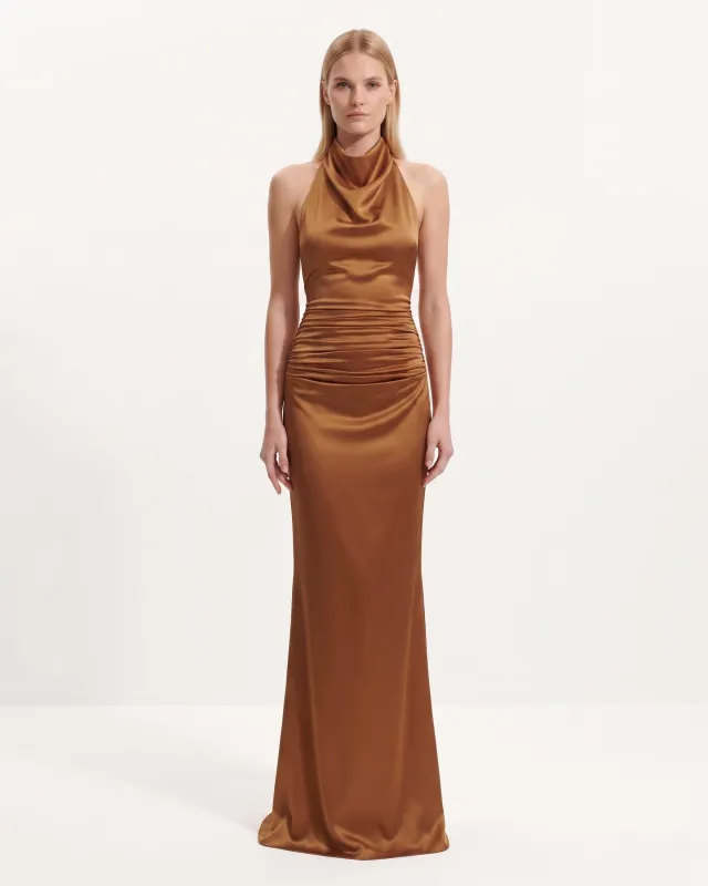 Satin Cowl Neck Ruched Maxi Gown - Amber made by JW PEI