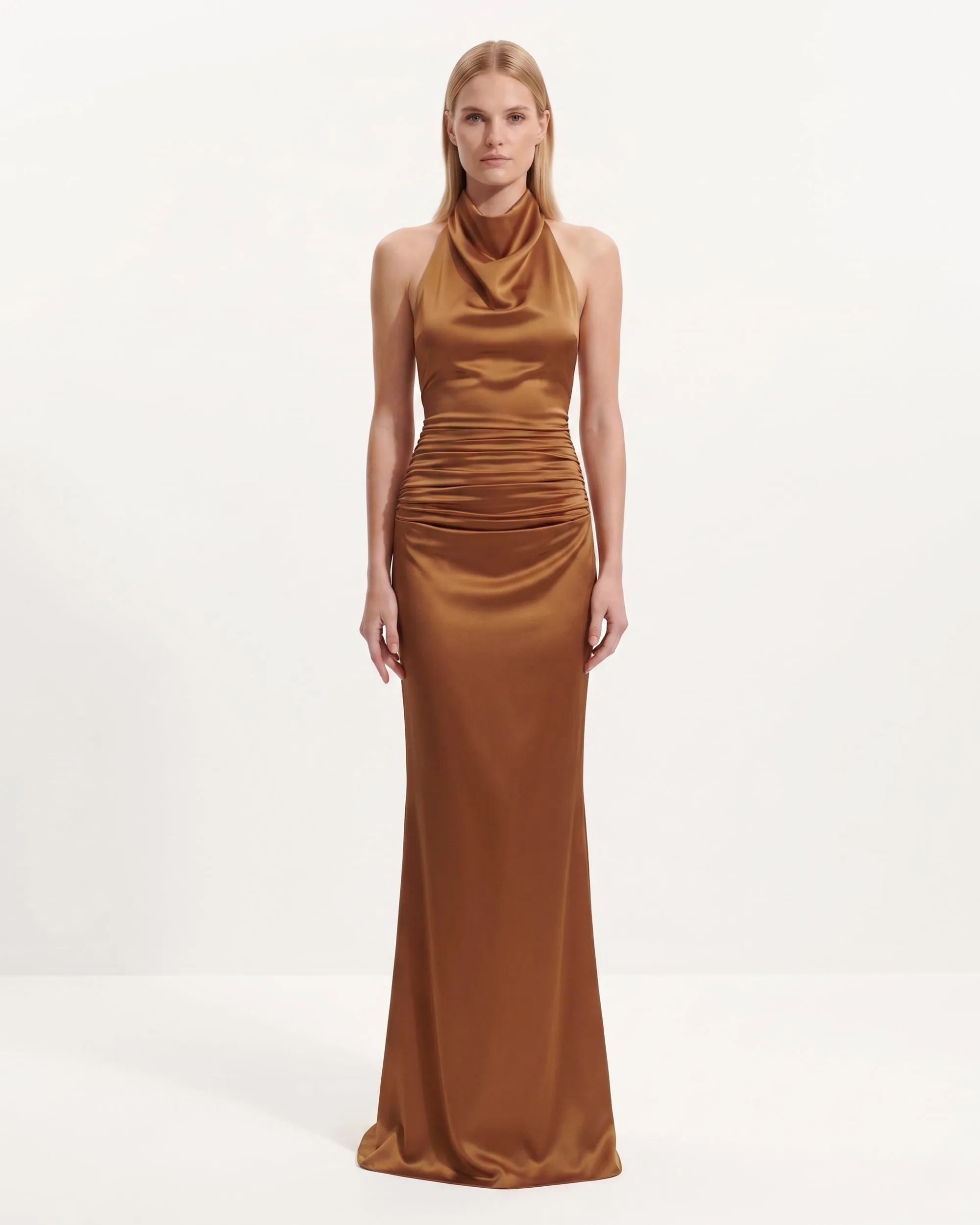Satin Cowl Neck Ruched Maxi Gown - Amber sold by JW PEI