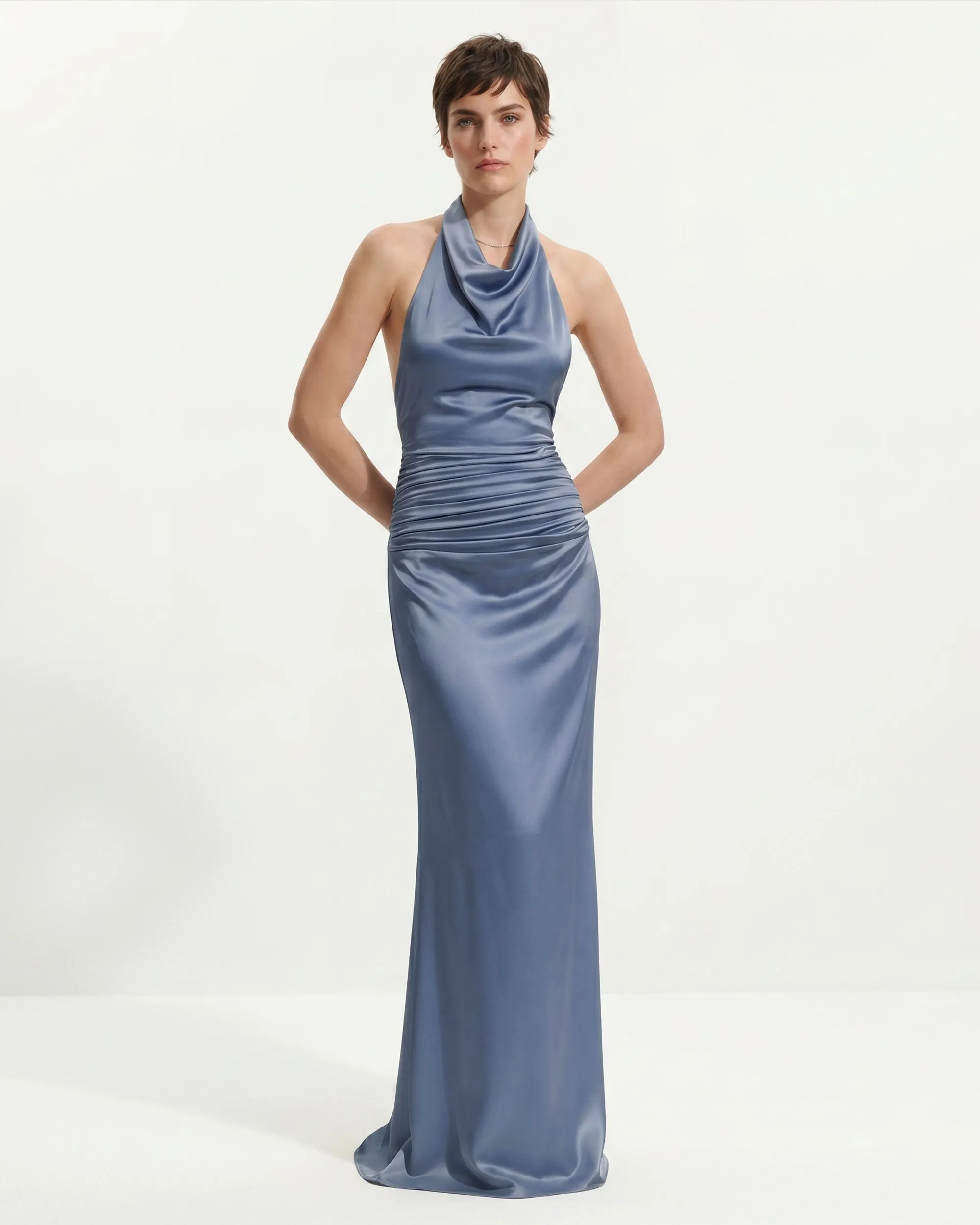 Satin Cowl Neck Ruched Maxi Gown - Misty Blue sold by JW PEI