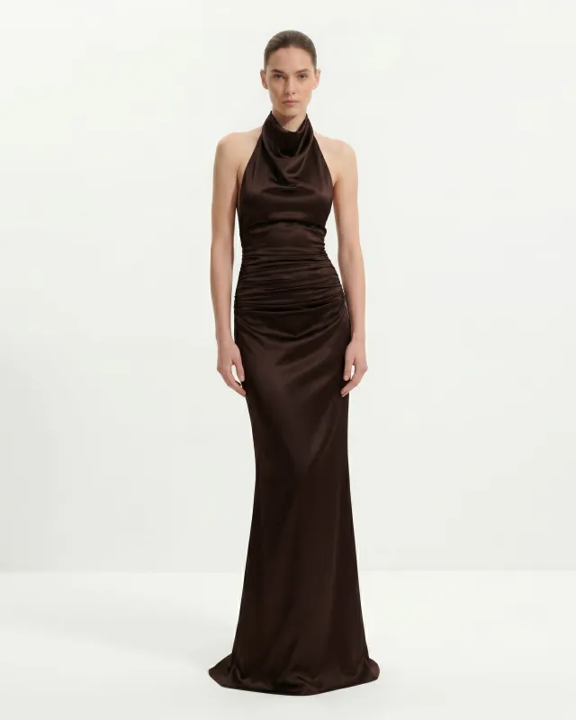 Satin Cowl Neck Ruched Maxi Gown - Dark Chocolate made by JW PEI