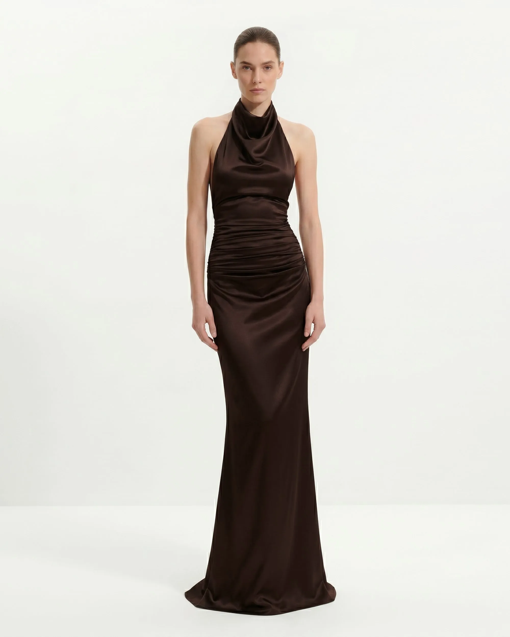 Satin Cowl Neck Ruched Maxi Gown - Dark Chocolate sold by JW PEI