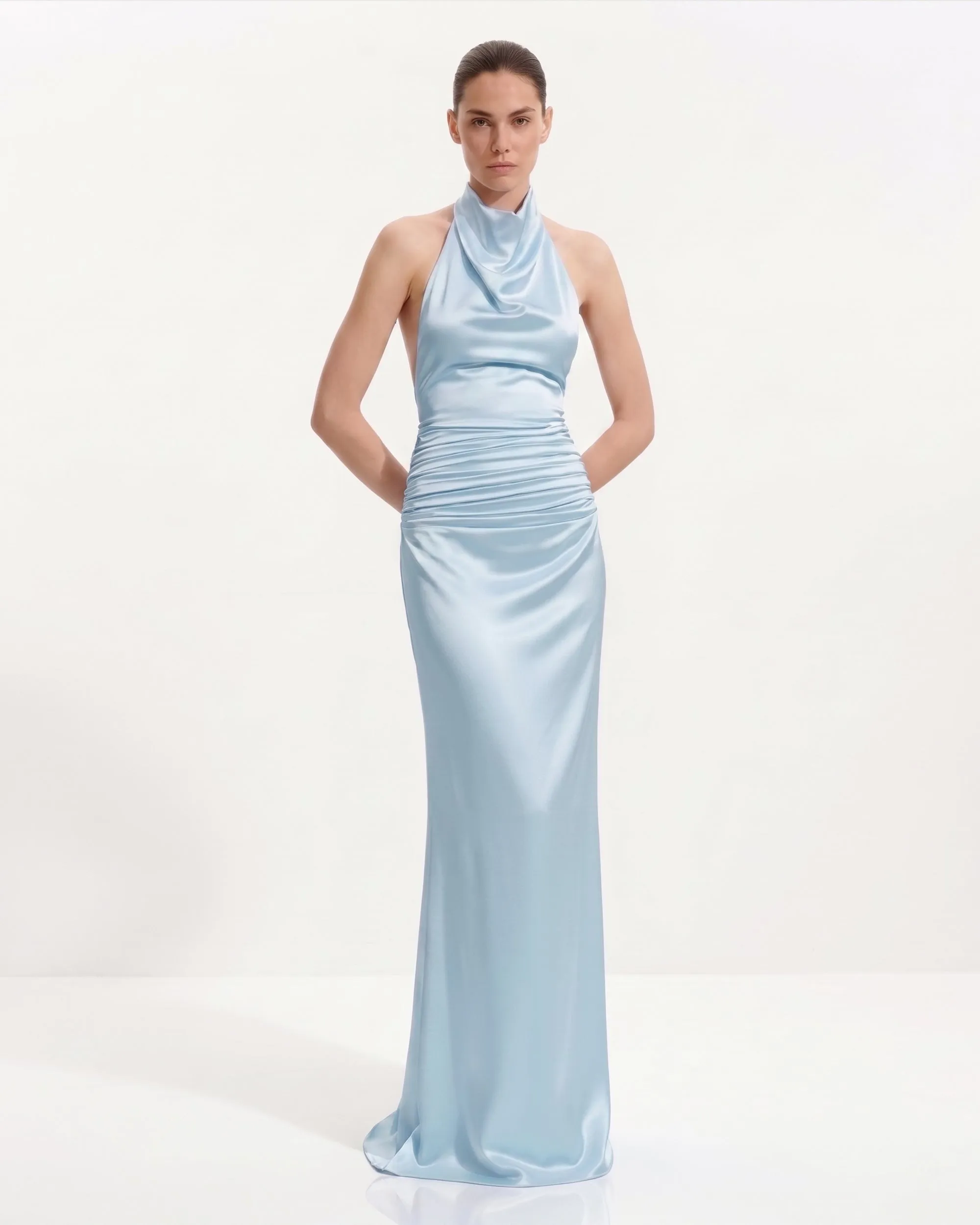 Satin Cowl Neck Ruched Maxi Gown - Light Blue sold by JW PEI