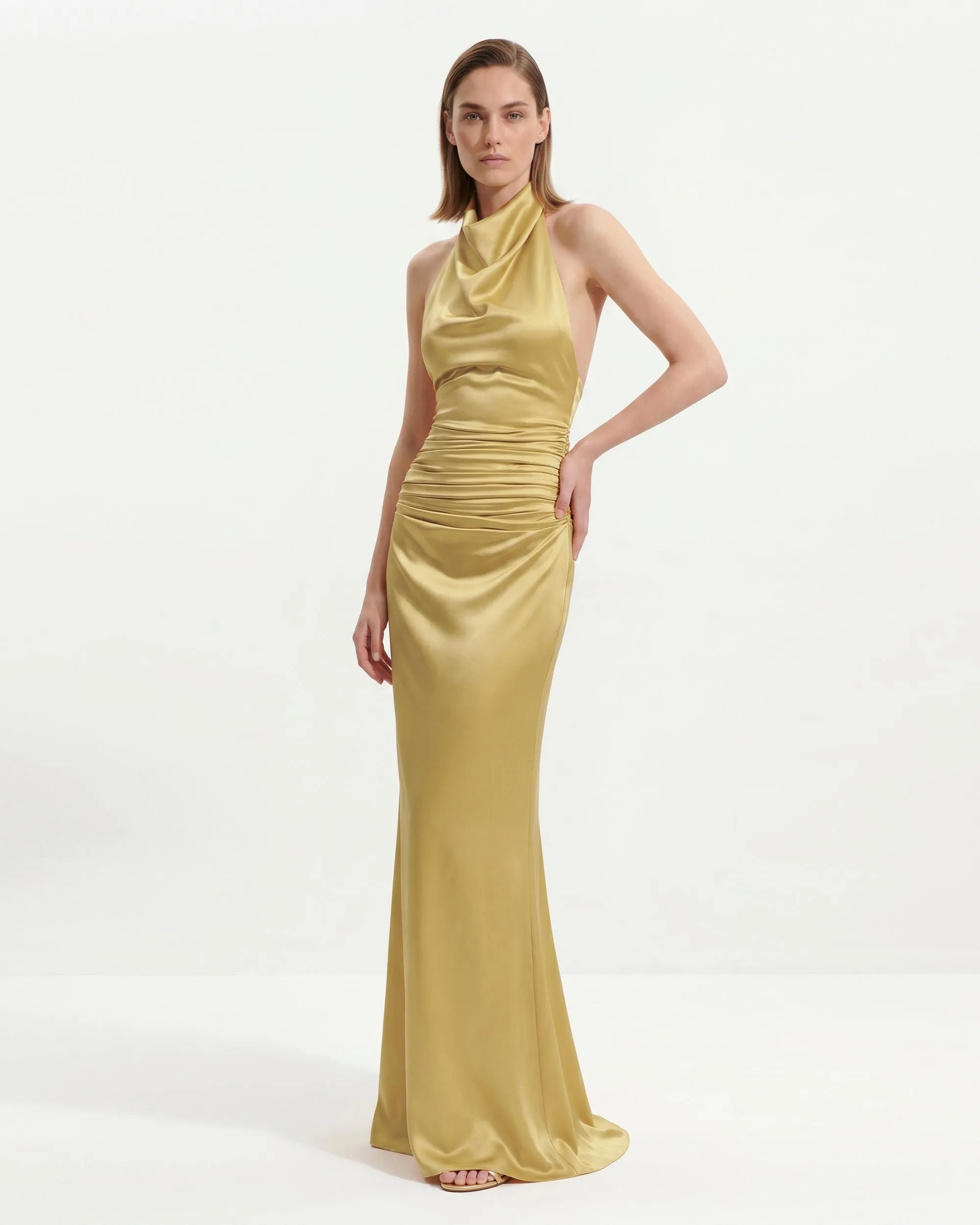 Satin Cowl Neck Ruched Maxi Gown - Champagne Gold sold by JW PEI