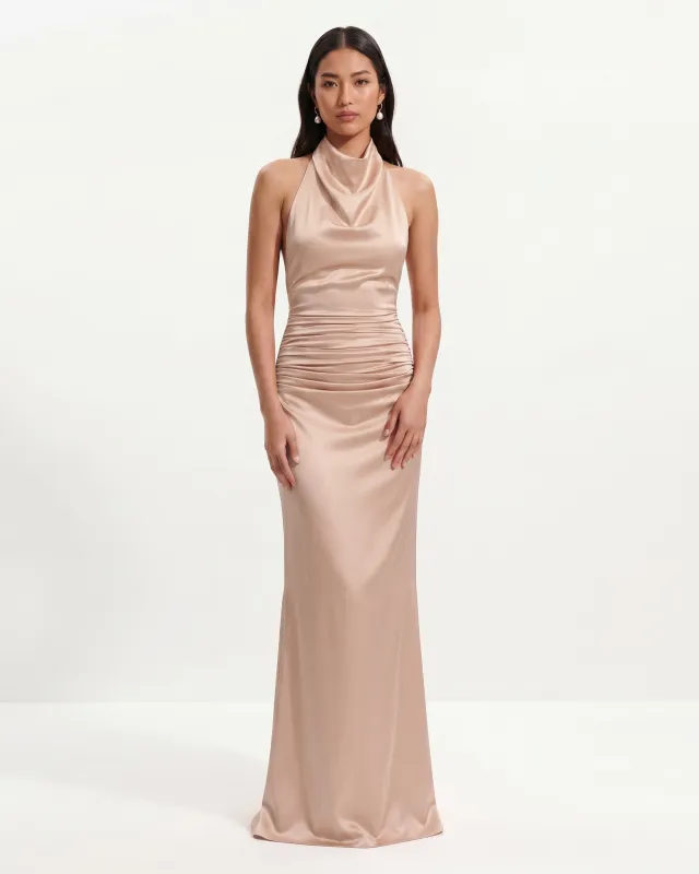 Satin Cowl Neck Ruched Maxi Gown - Champagne Rose made by JW PEI