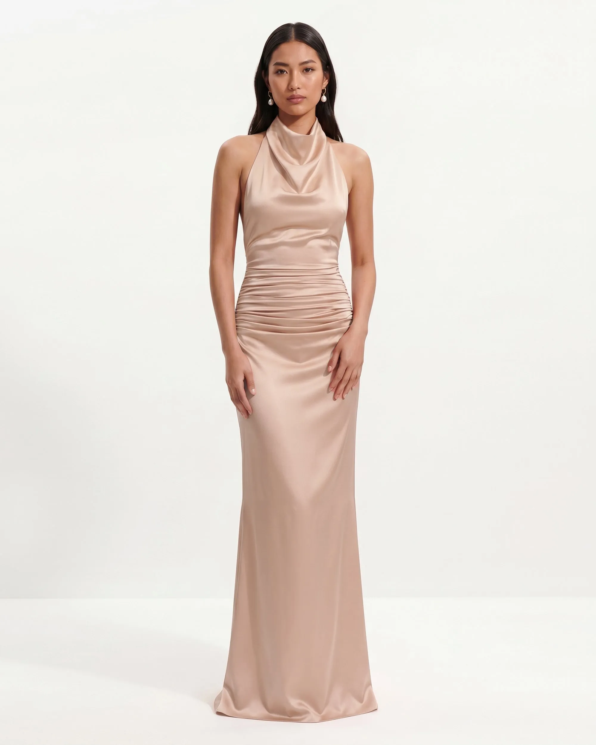 Satin Cowl Neck Ruched Maxi Gown - Champagne Rose sold by JW PEI