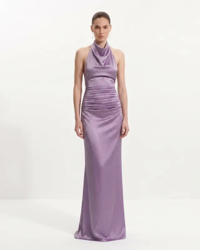 Satin Cowl Neck Ruched Maxi Gown - Purple made by JW PEI