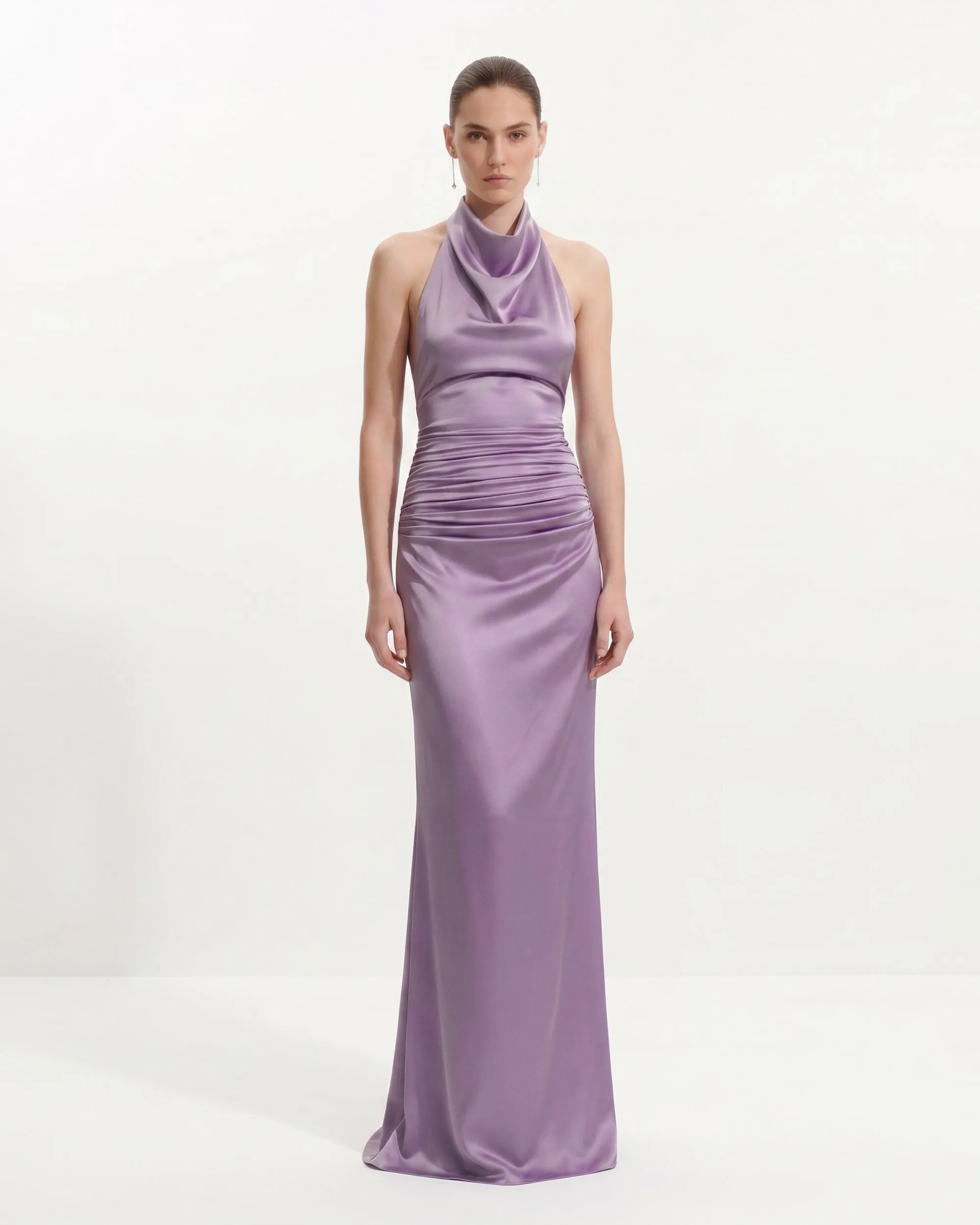 Satin Cowl Neck Ruched Maxi Gown - Purple sold by JW PEI