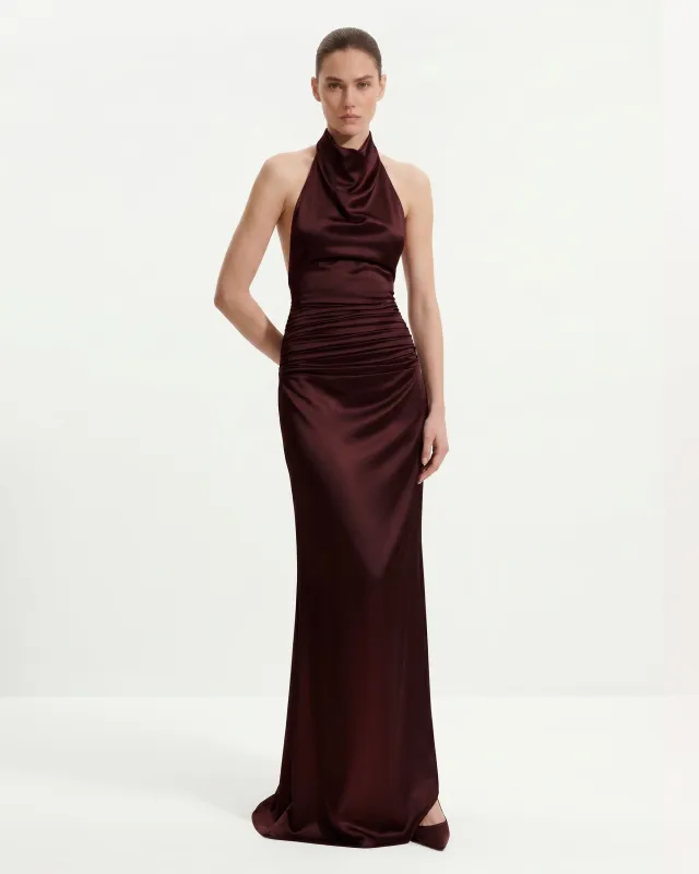 Satin Cowl Neck Ruched Maxi Gown - Burgundy made by JW PEI