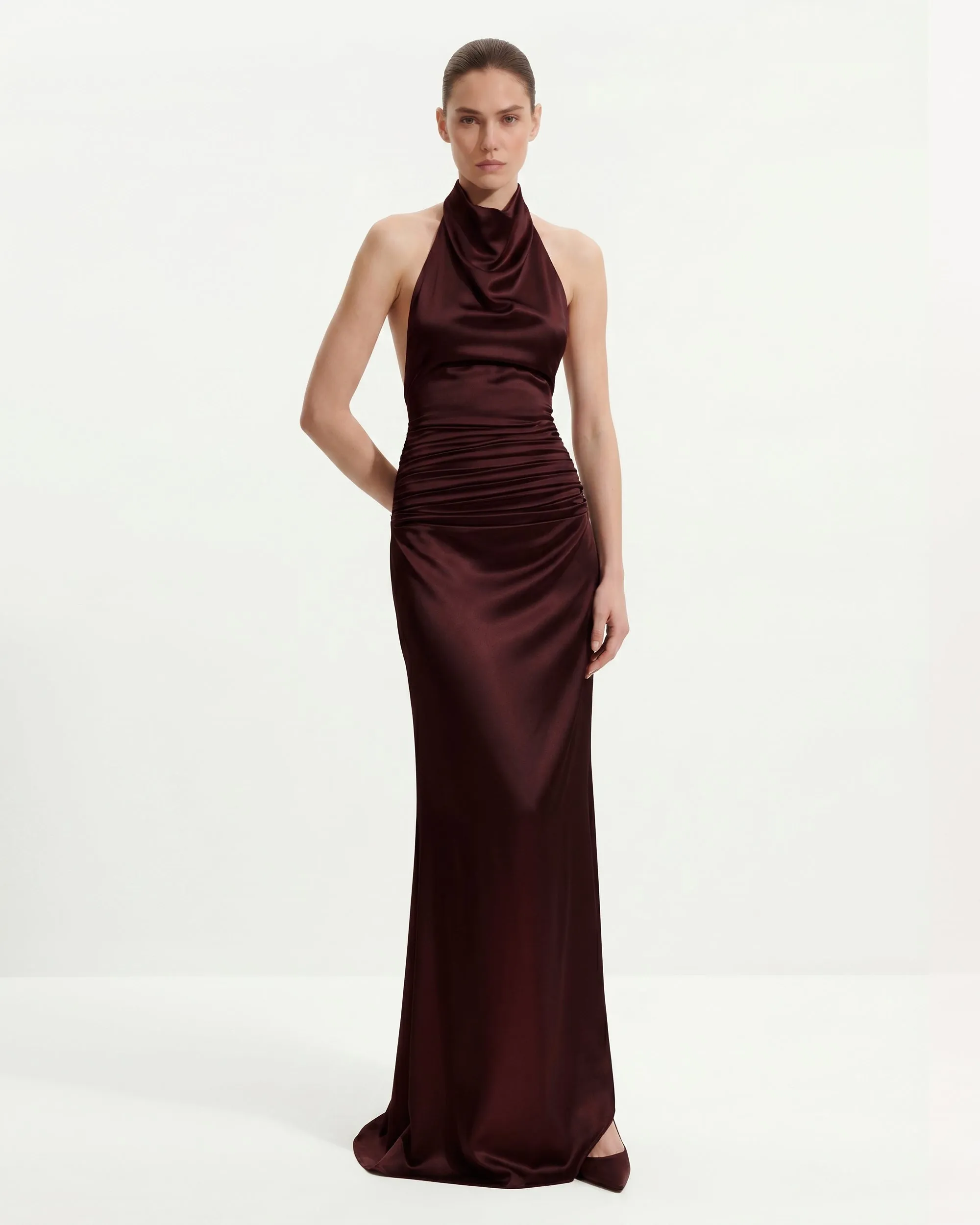 Satin Cowl Neck Ruched Maxi Gown - Burgundy sold by JW PEI