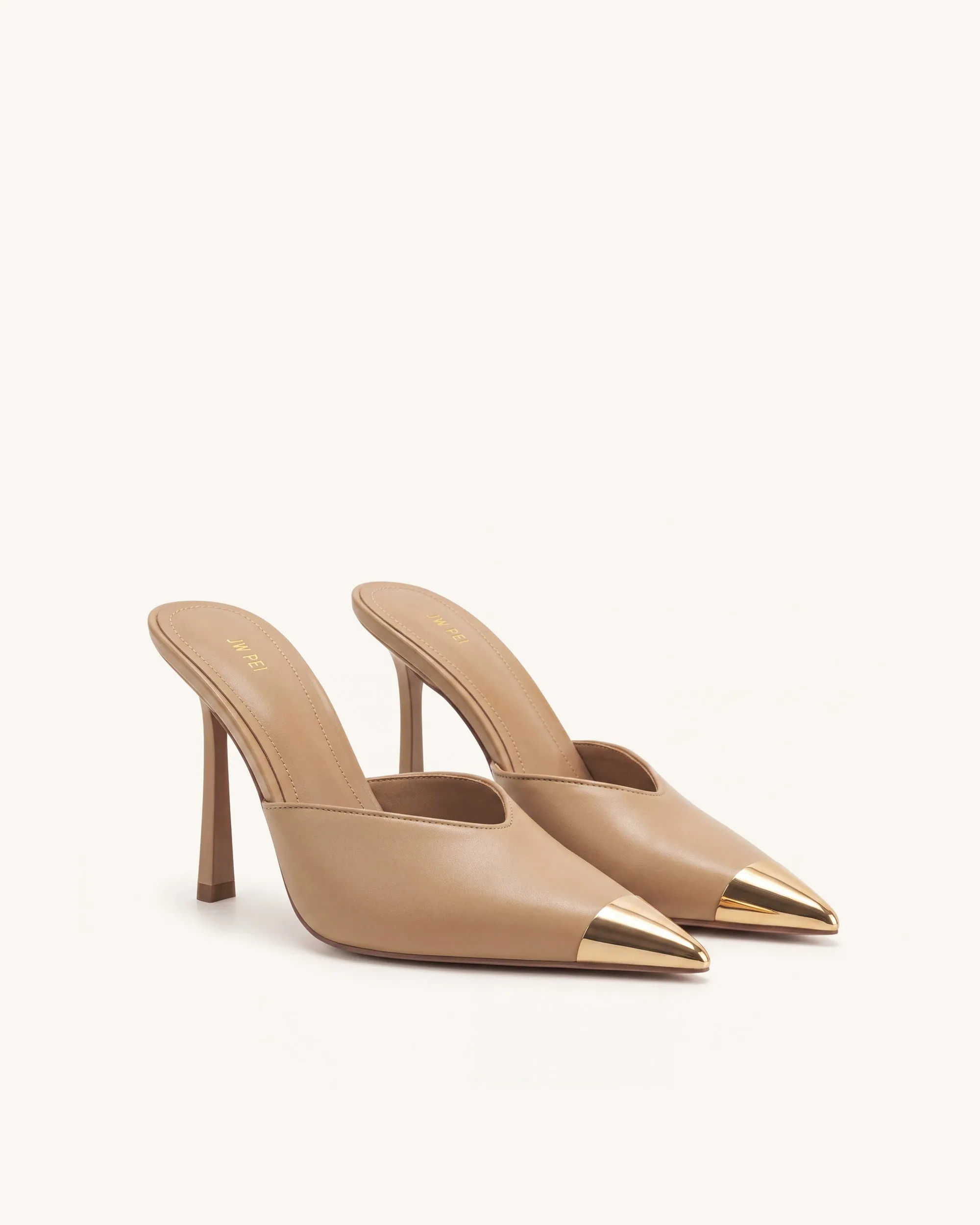 Savannah Metal Cap Toe Pointed Mule Heels - Khaki sold by JW PEI