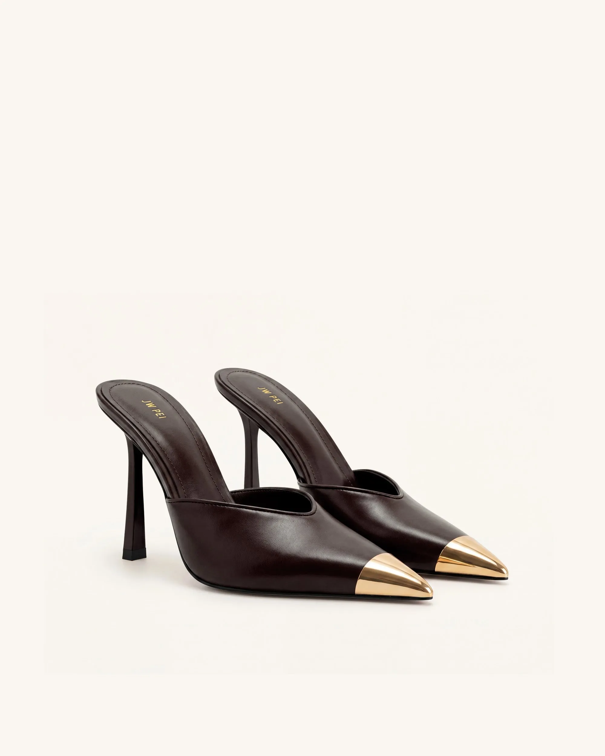 Savannah Metal Cap Toe Pointed Mule Heels - Dark Brown sold by JW PEI