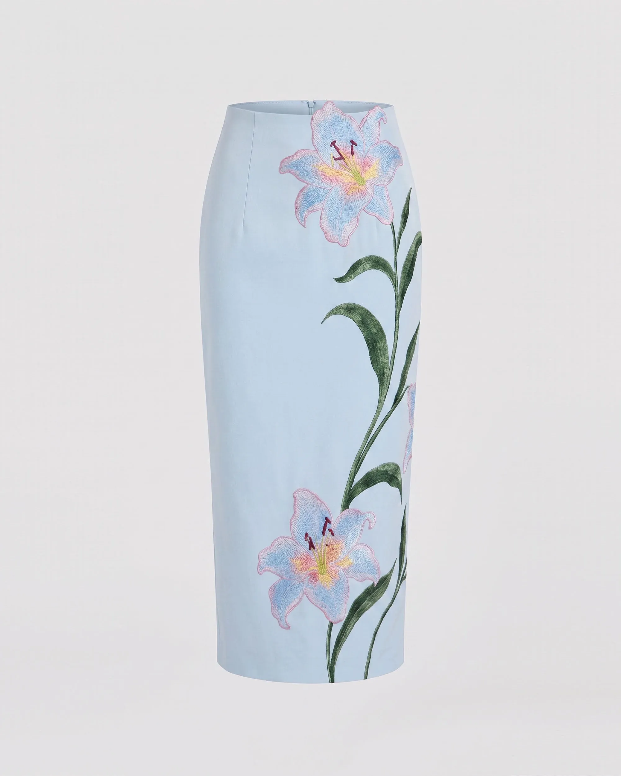 Lily Floral Embroidered High Waist Pencil Midi Skirt - Light Blue sold by JW PEI product image thumbnail 3
