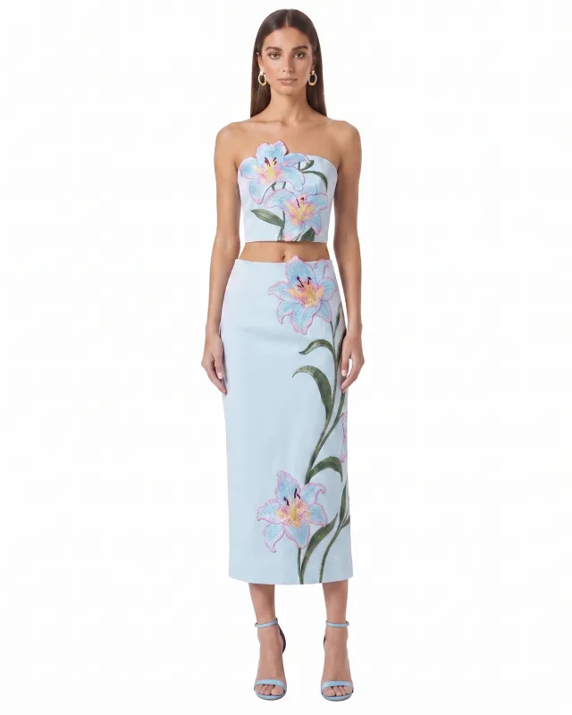 Lily Floral Embroidered High Waist Pencil Midi Skirt - Light Blue made by JW PEI