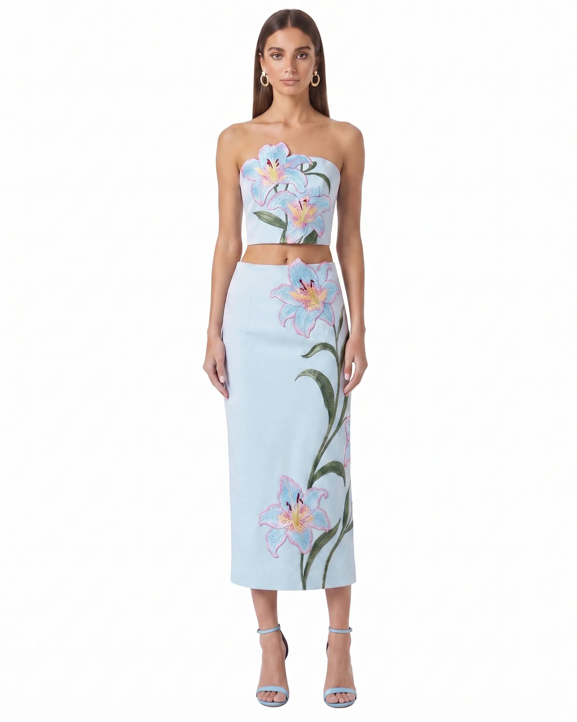 Lily Floral Embroidered High Waist Pencil Midi Skirt - Light Blue sold by JW PEI