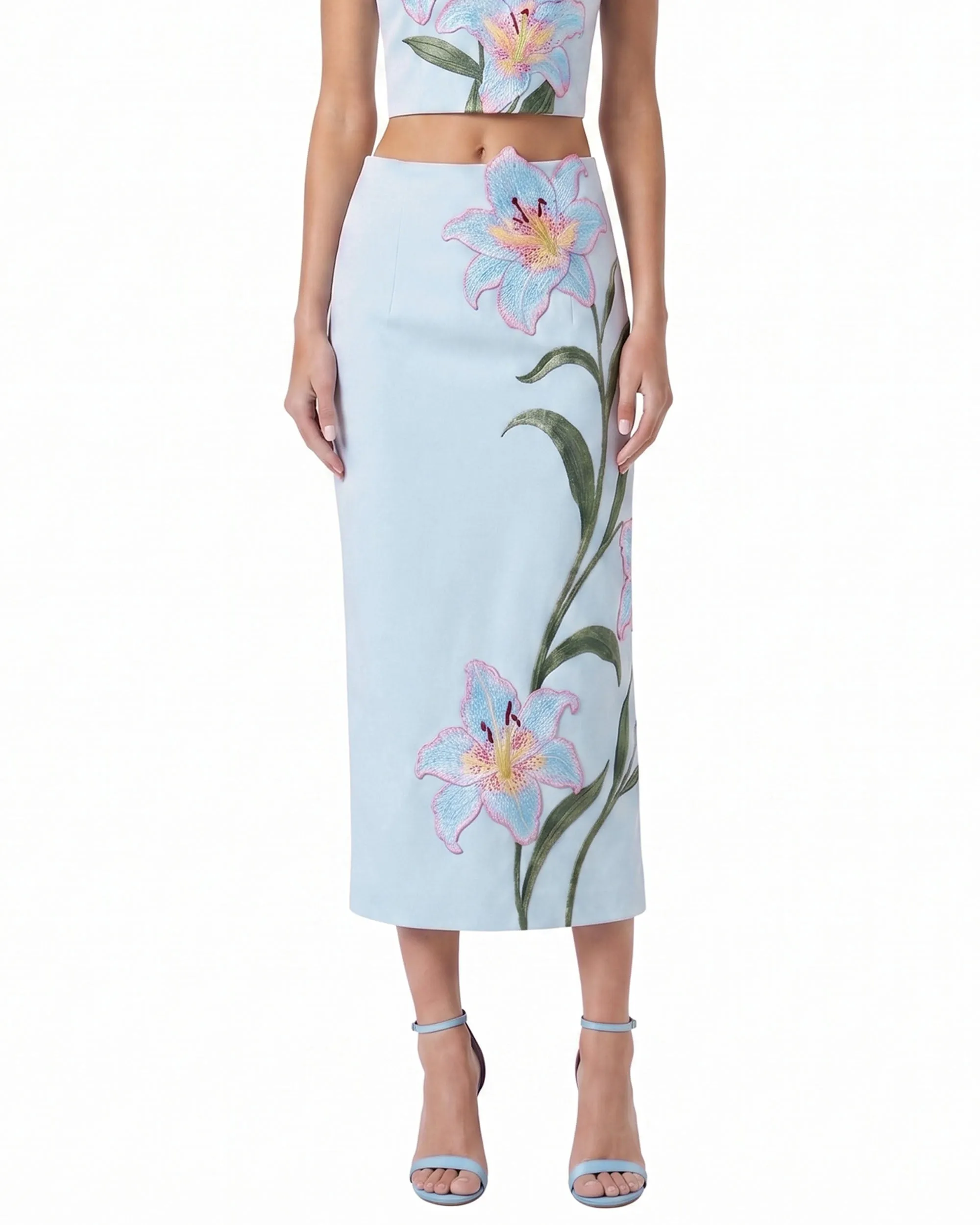 Lily Floral Embroidered High Waist Pencil Midi Skirt - Light Blue sold by JW PEI product image thumbnail 2