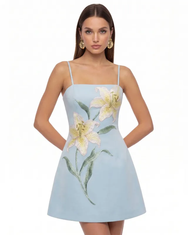 Lily Floral Print Spaghetti Strap A-Line Mini Dress - Light Blue made by JW PEI