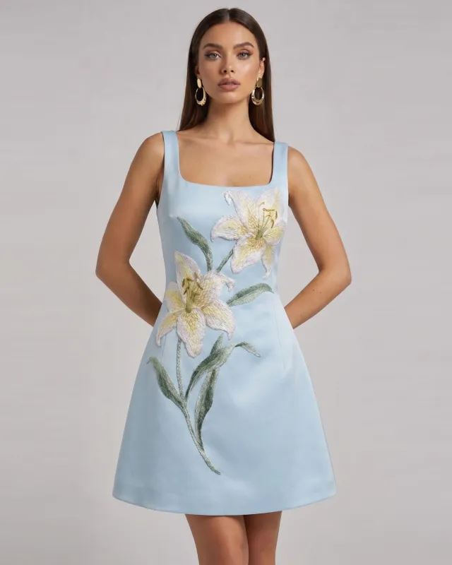 Lily Floral Print Sleeveless A-Line Mini Dress - Light Blue made by JW PEI