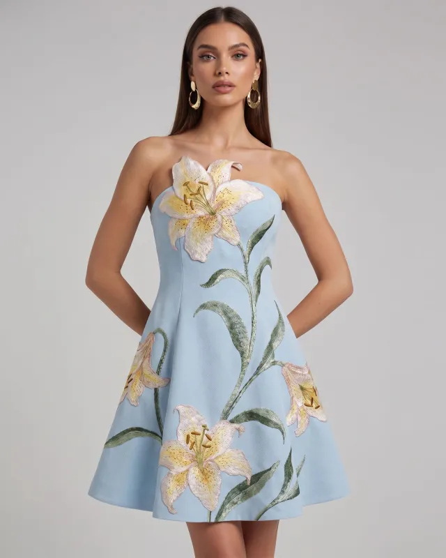 Lily Floral Print Strapless A-Line Mini Dress - Light Blue made by JW PEI