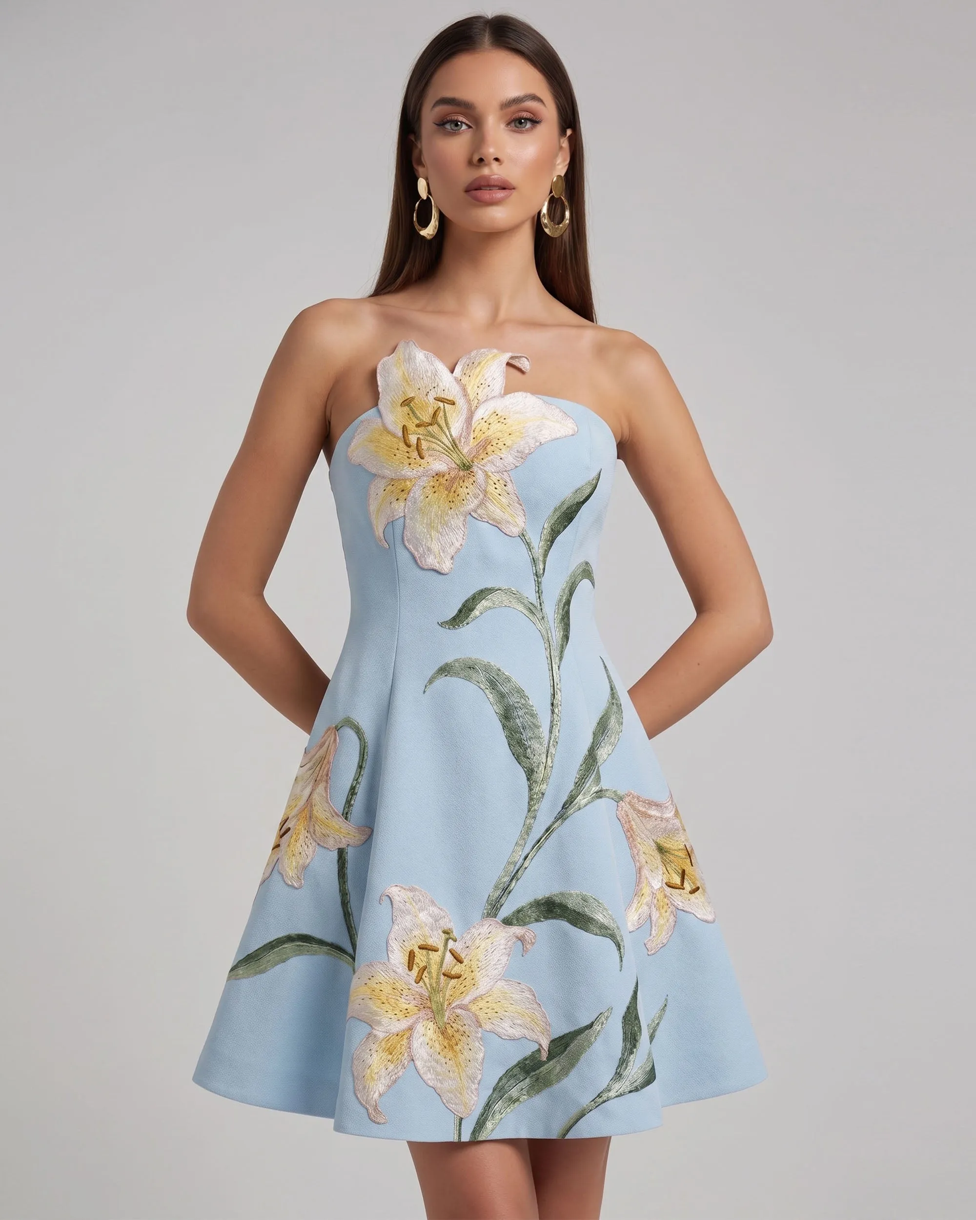 Lily Floral Print Strapless A-Line Mini Dress - Light Blue sold by JW PEI