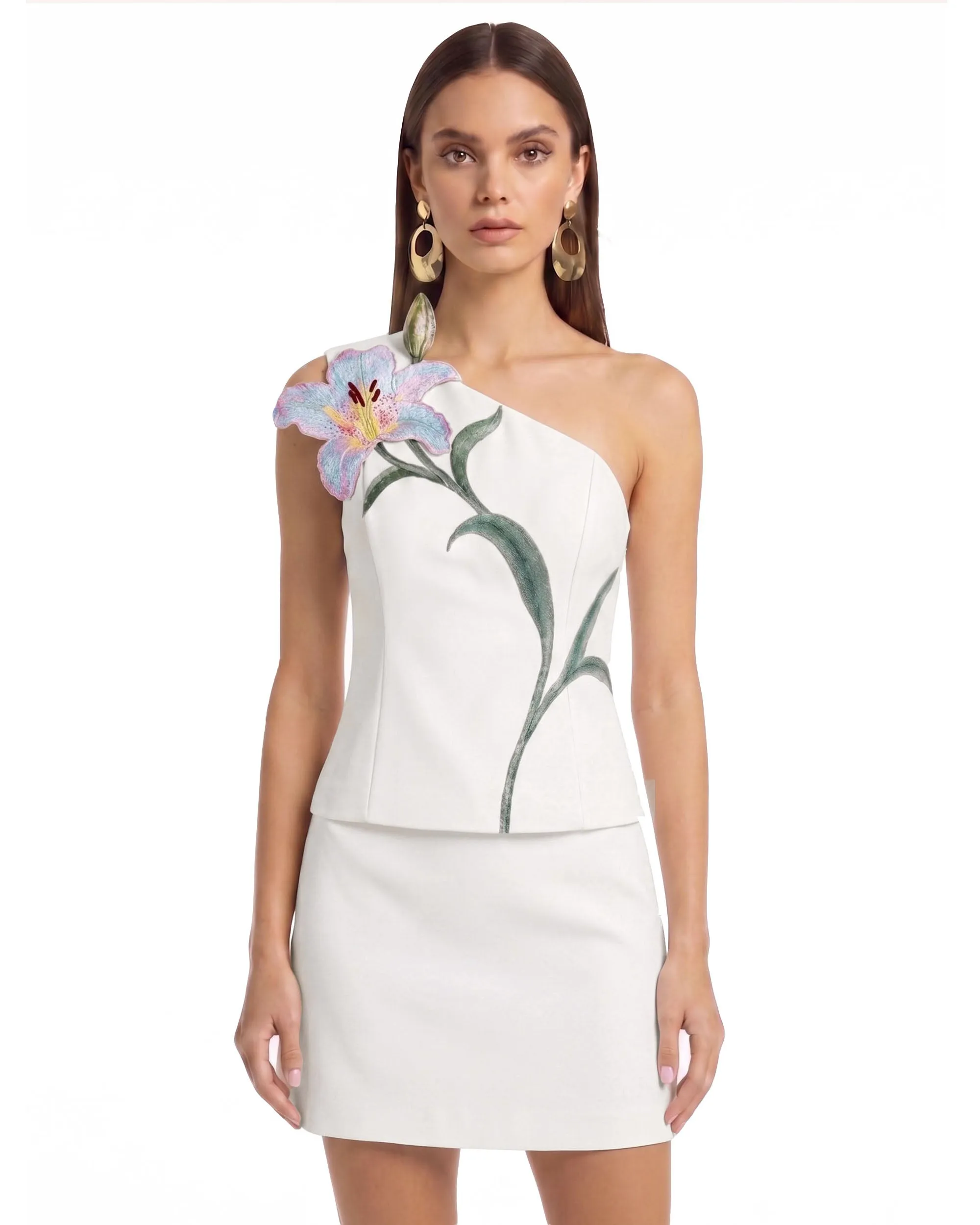 Lily Floral Embroidered One Shoulder Structured Top - Ivory sold by JW PEI