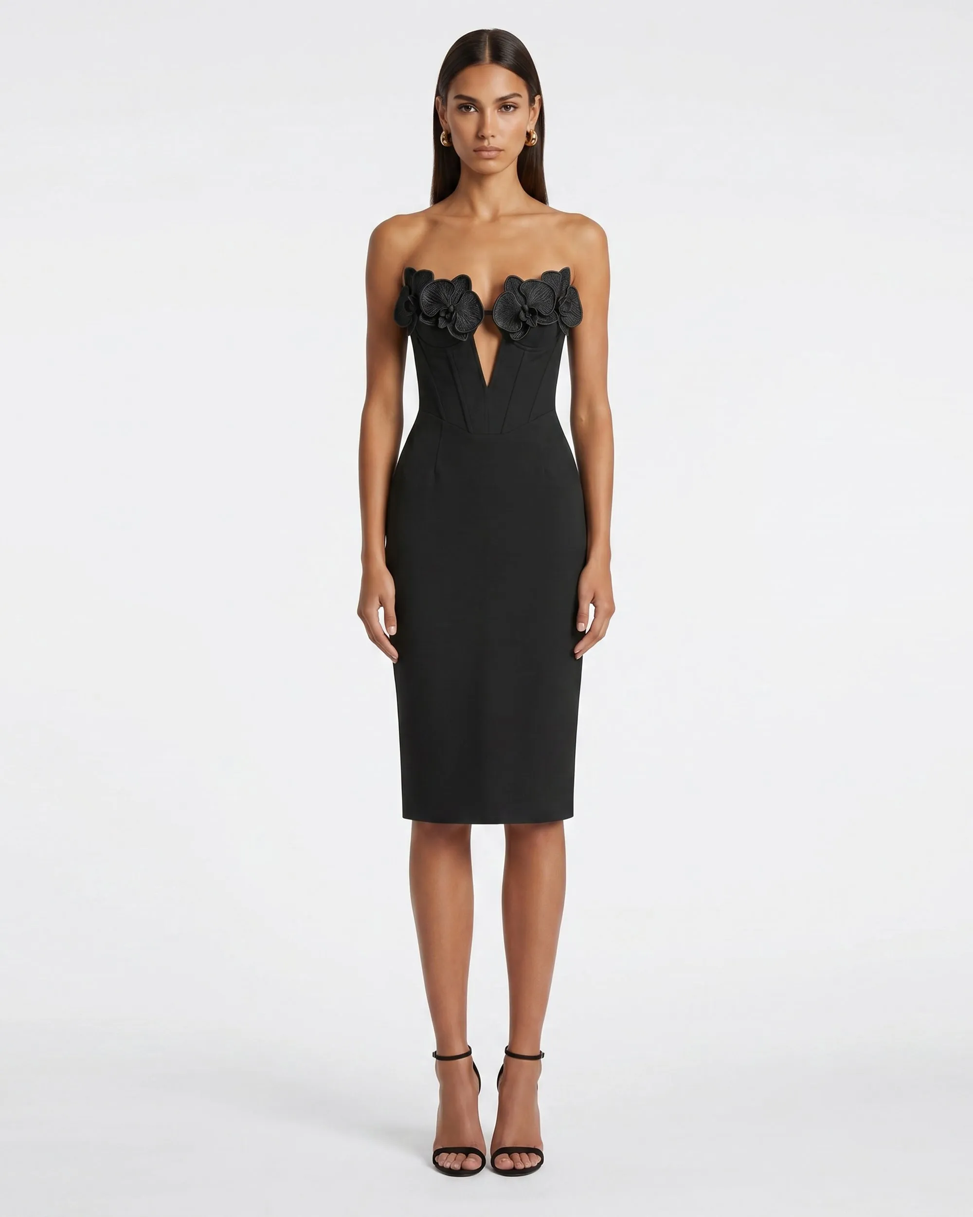 Iris Floral Appliqué Strapless Corset Midi Dress - Black sold by JW PEI