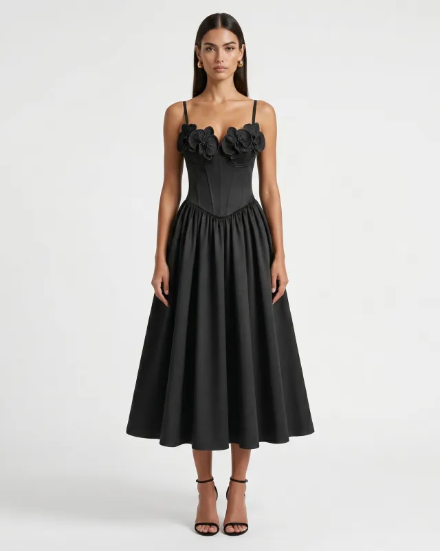 Iris Floral Appliqué Corset Midi Dress with Full Skirt - Black made by JW PEI
